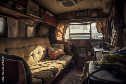 Retro caravan interior.Nobody.Created with generative ai © leo10
