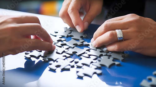 Adults assembling a puzzle. Concept of teamwork, helping people and companionship. Genertive ai.