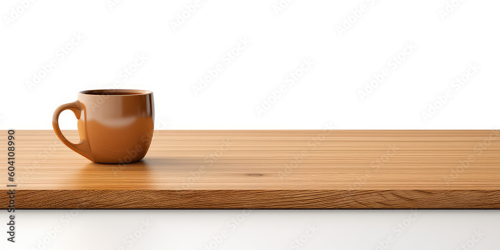 Wooden table template in Scandinavian style, desk mock-up. White background wall, wooden showcase stage for product. Generative AI professional photo imitation. Wooden table template in Scandinavian style, desk mock-up. White background wall, wooden showcase stage for product. Generative AI professional photo imitation.