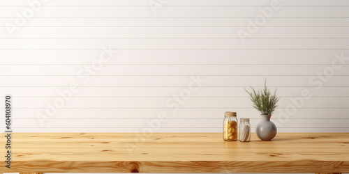 Wooden table template  desk mock-up. White background wall  wooden showcase empty stage for product. Generative AI professional photo imitation.