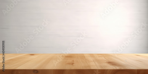 Wooden empty table template, desk mock-up. White background wall, wooden showcase stage for product. Generative AI professional photo imitation.