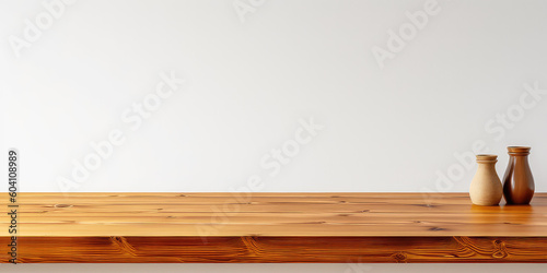 Wooden table template in simple nordic style, desk mock-up. White background wall, wooden showcase stage for product. Generative AI professional photo imitation.