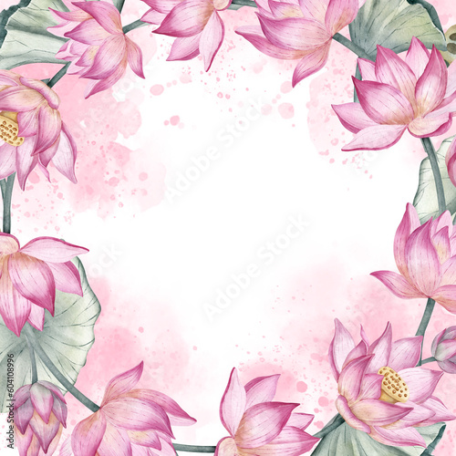 Lotus Flowers square Frame. Hand drawn watercolor illustration of floral border on isolated white background. Backdrop with pink water Lily for wedding invitations or greeting cards. Waterlily art.