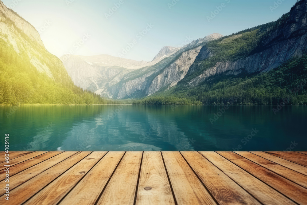 Wooden dock on the lake surrounded by a beautiful mountains, Generative AI