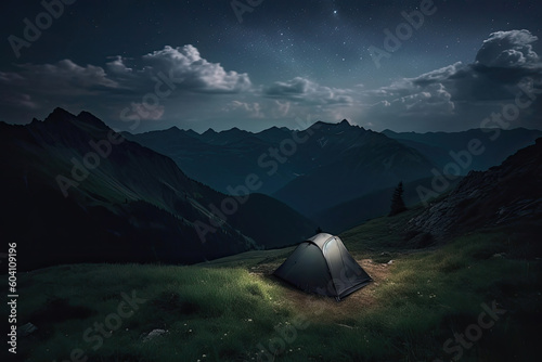 Tent in a mountains at night, Generative AI