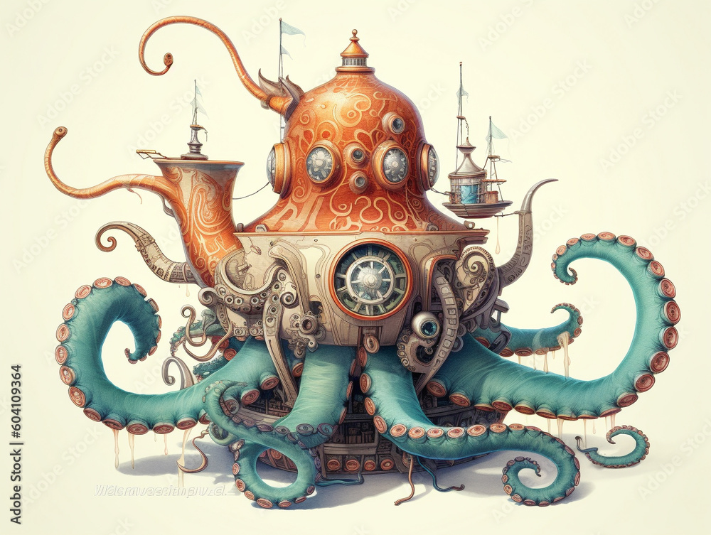 A Surreal Illustration of a Clockwork Octopus Emerging from a Teapot | Generative AI