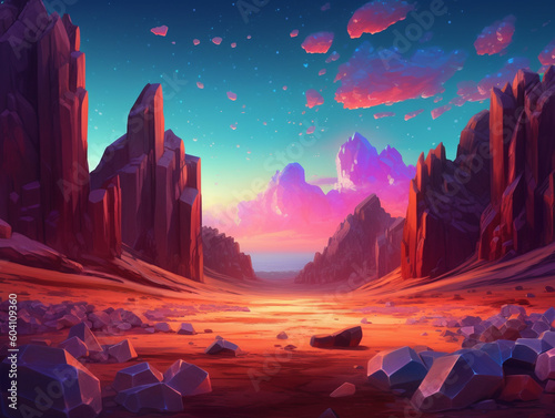 A Surreal Illustration of a Desert Landscape Covered with Glowing Crystals | Generative AI