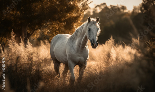 photo of Lipizzaner in tall grass at sunset. Generative AI