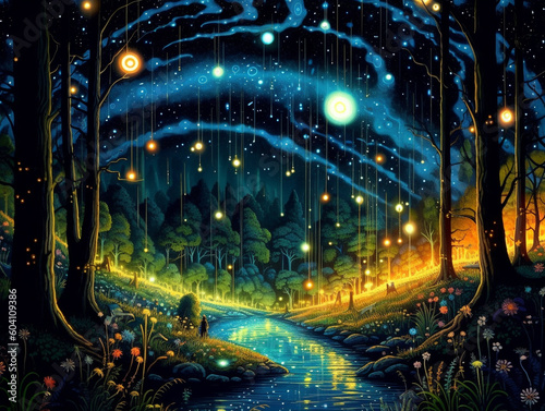 A Surreal Illustration of a Forest Inhabited by Bioluminescent Fireflies that Form Intricate Constellations | Generative AI
