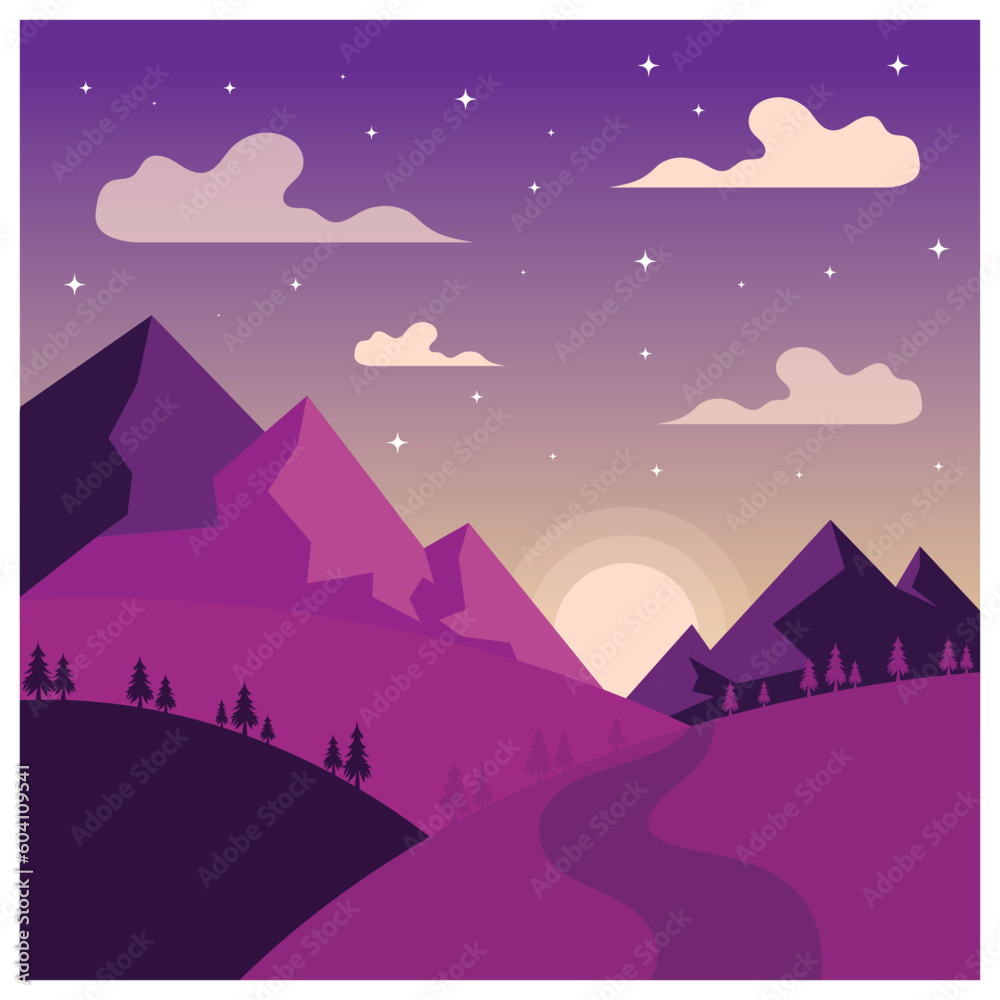 Obraz premium landscape illustration natural scenery background with hills,sky,moon,clouds,sun pine lake