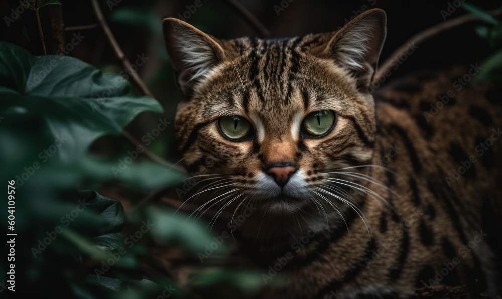 Obraz premium Photo of leopard cat, a striking portrait showcasing its fierce gaze and agile movements, captured in the wild amidst lush foliage and rocky terrain. Generative AI