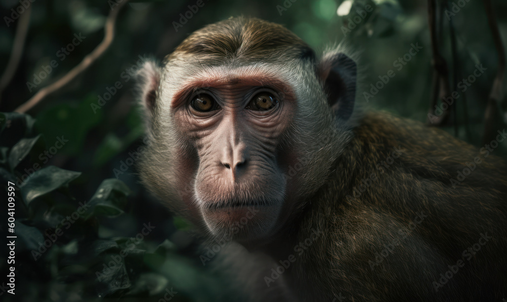 Fototapeta premium Photo of macaque, captured in its natural habitat showcasing its playful and curious nature, set against the lush greenery of its natural surroundings. Generative AI