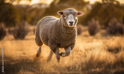 photo of Merino sheep in tall grass at sunset. Generative AI