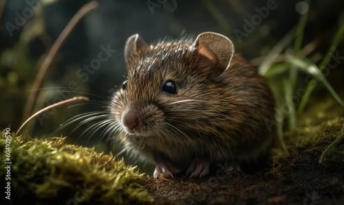 closeup photo of meadow vole on green blurry natural background of its natural habitat. Generative AI © Bartek