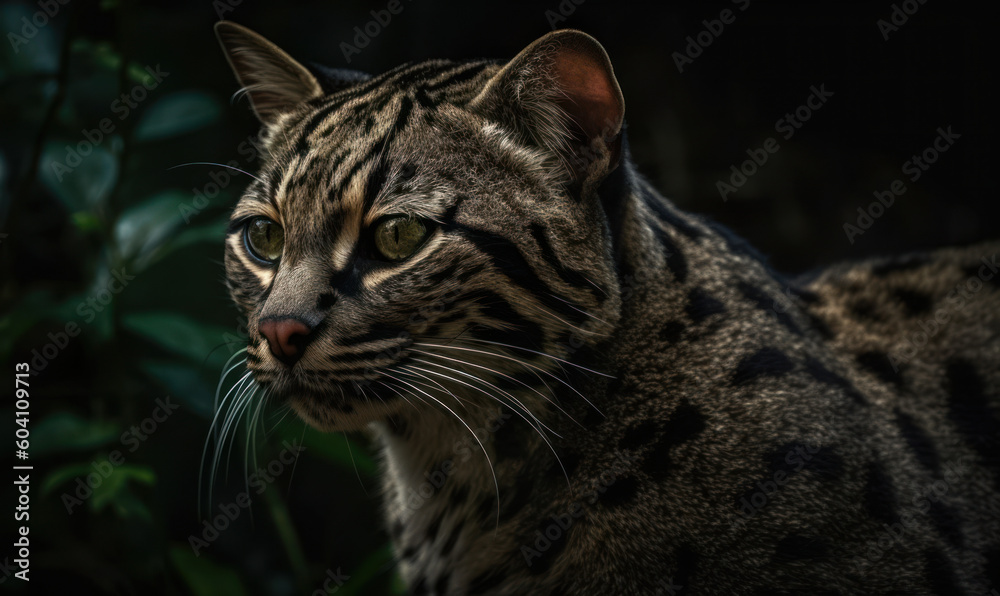 night photo of marbled cat in its natural habitat. Generative AI night photo of marbled cat in its natural habitat. Generative AI