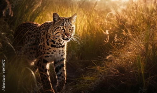photo of marbled cat in tall grass at sunset. Generative AI © Bartek