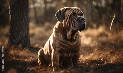 photo of Mastiff sitting outdoors. Generative AI