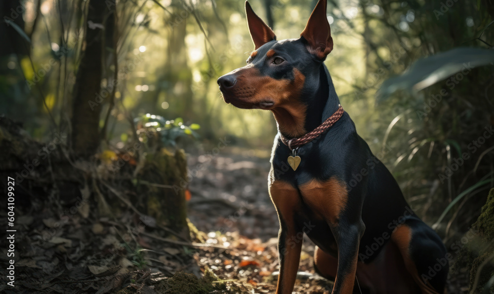 photo of Miniature Pinscher outdoors in a forest. Generative AI
