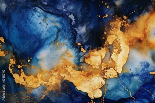 アルコールインクアート風の抽象背景。紺色の流動体に金色の装飾。AI生成画像 © Queso