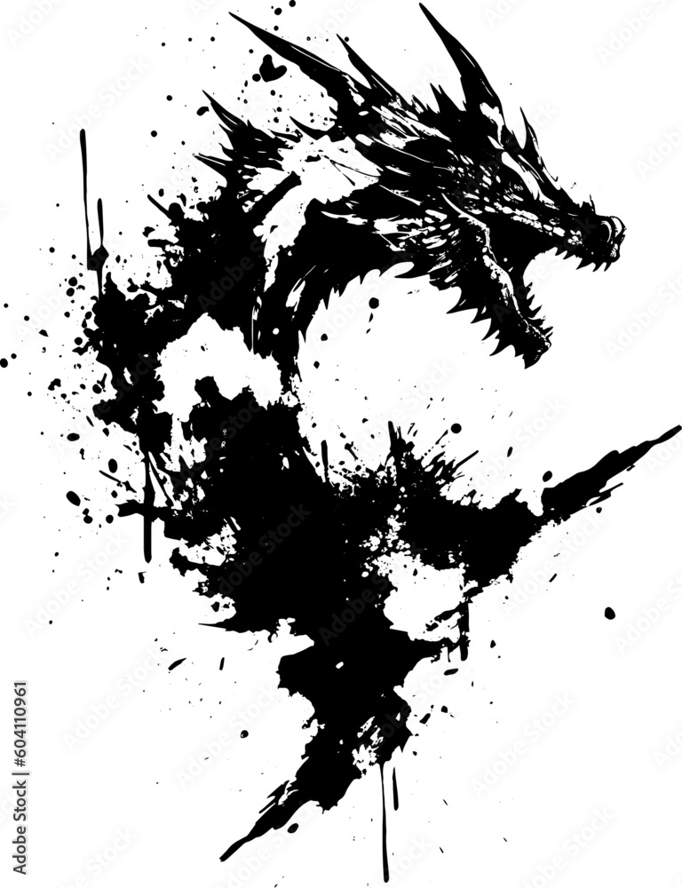 Fearsome Ink Splatter Dragon Vector, Grunge Style Fearsome Ink Splatter Dragon Vector, Grunge Style