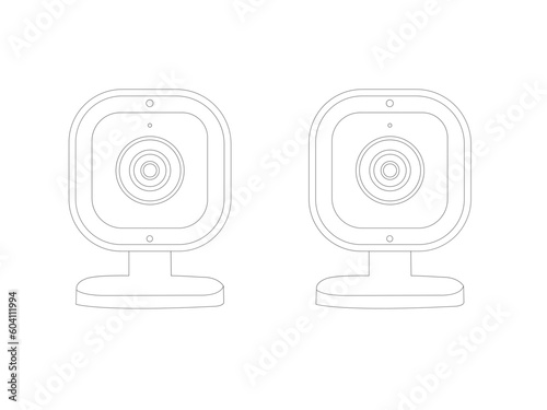 monitor with a microphone.CCTV outline icon. Vector security camera concept symbol in thin line style.Illustration of outline icon for an isolated CCTV camera on a white background.