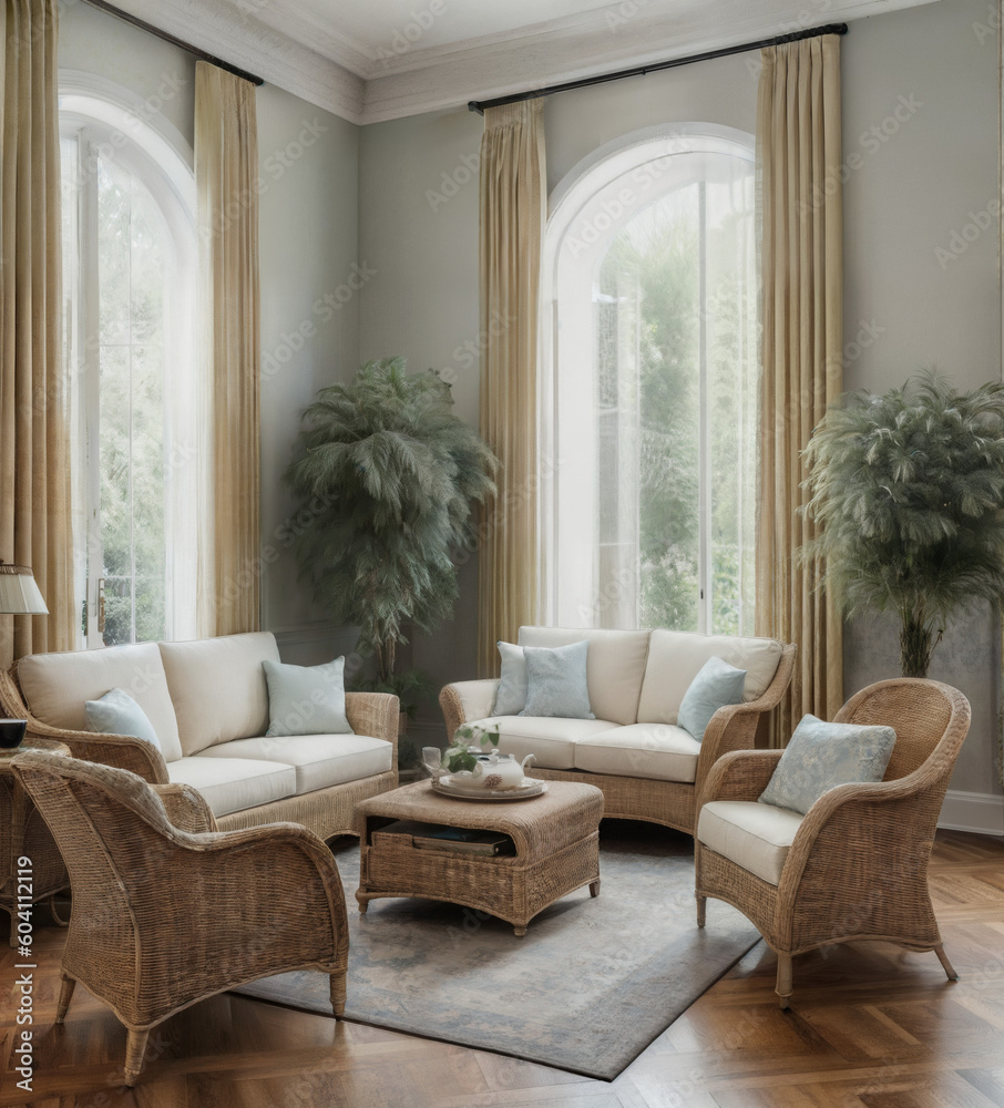 Interior design of a Scandinavian style living room with wicker chair