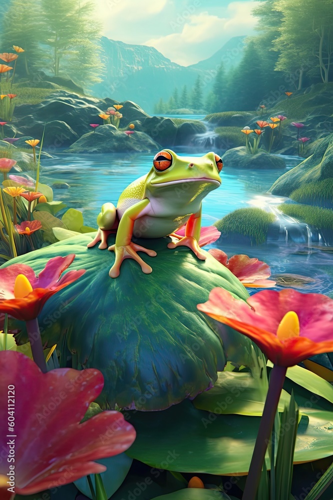 Frog in nature at mountain valley. Generative AI