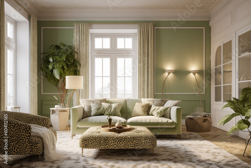 Modern cozy living room, classic interior design with pastel colors and animal leopard print. Super photo realistic background, generative ai illustration