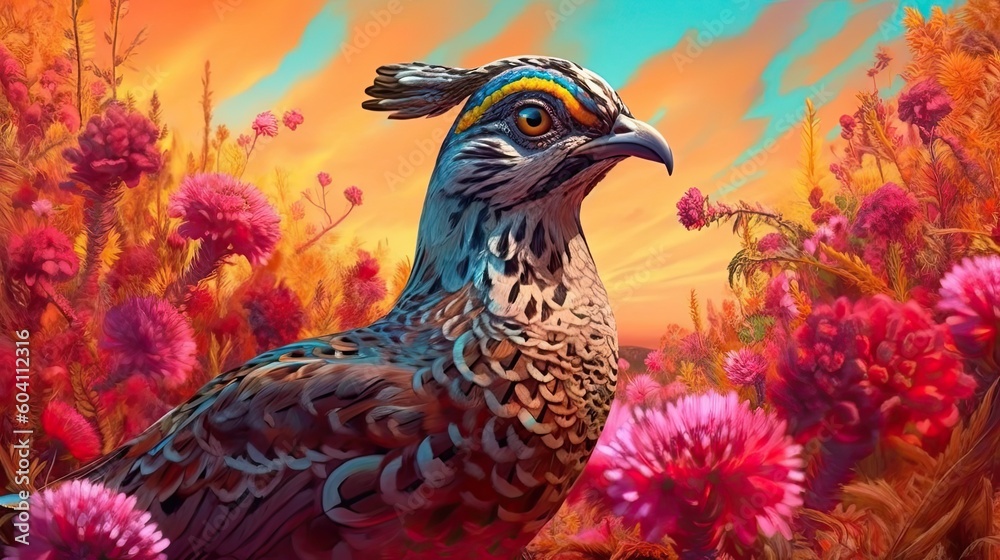 Quail in field of wild flowers. Generative AI Quail in field of wild flowers. Generative AI
