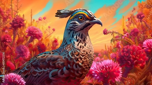 Quail in field of wild flowers. Generative AI