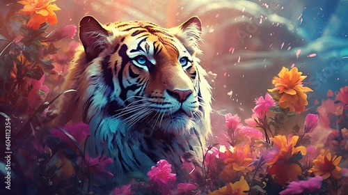 Tiger in field of wild flowers. Generative AI