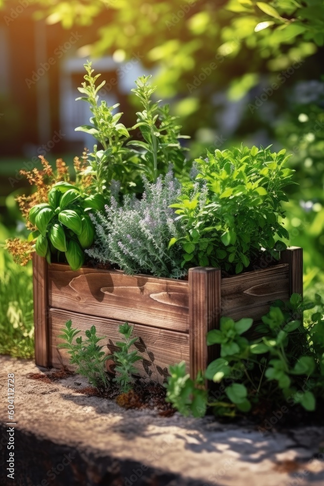 Wooden crate with a variety of fresh green potted culinary herbs like rosemary and basil growing outdoors in the garden. Generative AI