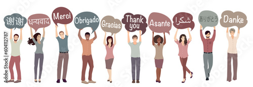 Multicultural people with arms raised from different nations and continents holding hands speech bubbles with text -thank you- in various international languages.Communication.Equality