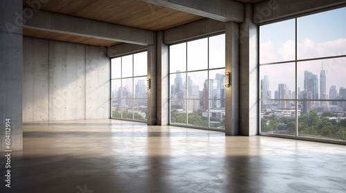 Empty loft style room with concrete floor and city view. Generative Ai