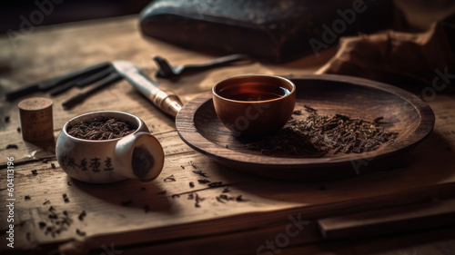Aromatic pu-erh and knife on wooden tray, closeup Generative AI