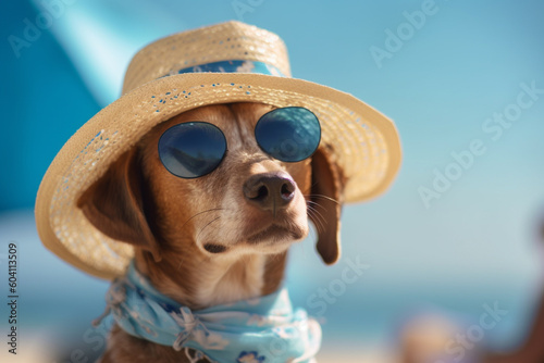 Funny dog on the beach. Pet wearing hat and sunglasses relaxing on beach in summer. Generative AI