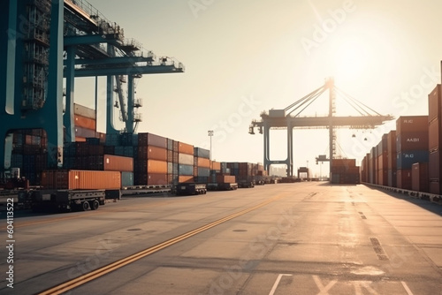 Shipping containers in cargo port or dock. Transport of goods industry. Generative AI