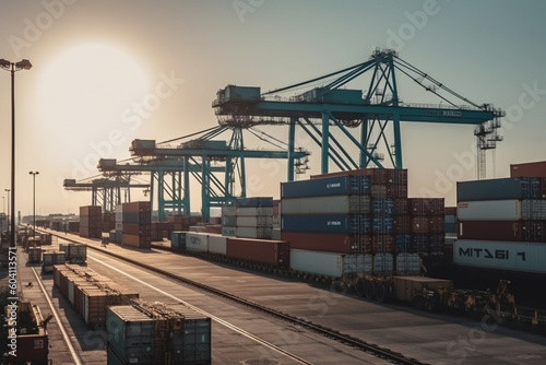 Shipping containers in cargo port or dock. Transport of goods industry. Generative AI