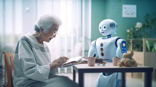 Elderly woman reading a book while sitting at home with a robot.Concept of elderly care and future.Wellness concept. 