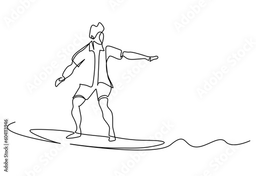 young man happy sea ocean surfing water sport balanced lifestyle line art
