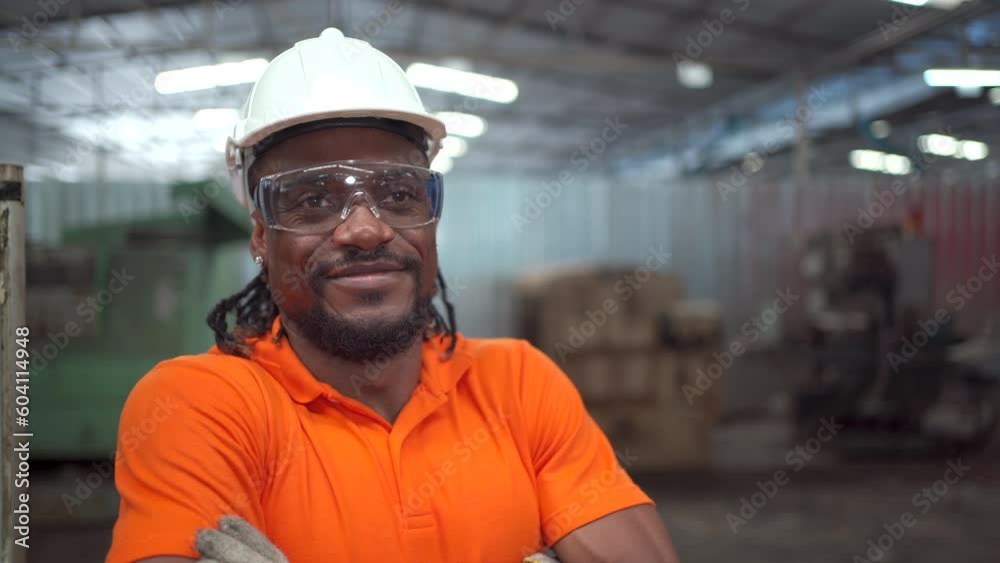 Happy cheerful African ethnicity senior engineer making an arms crossed, senior factory technician smiling portrait.