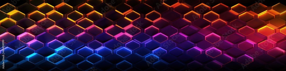 Fototapeta premium Background with geometric patterns, degrade neon light hive, black background, digital illustration. Generative AI