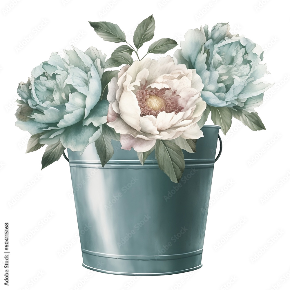 Peony in Bucket Watercolor Clipart, Pale Blue Peony, White Peony Watercolor, made with generative AI Peony in Bucket Watercolor Clipart, Pale Blue Peony, White Peony Watercolor, made with generative AI