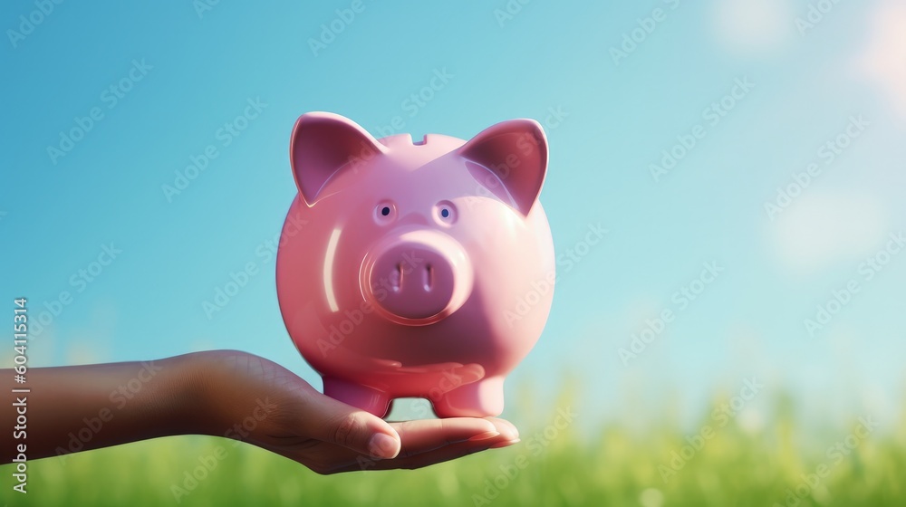 Hand holding piggy bank, blue background. Generative AI