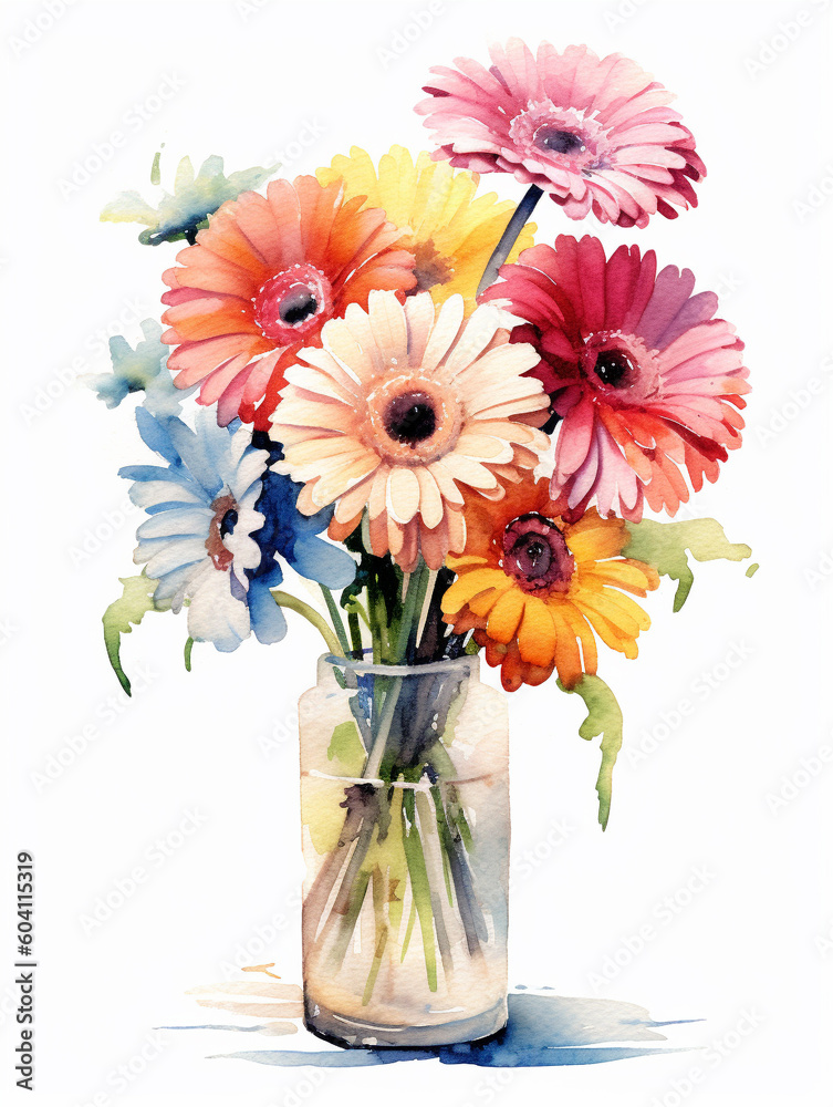 Watercolor bouquet of colorful flowers in glass vase ai generative 