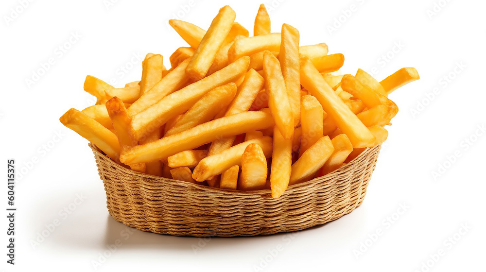 fried french fries are falling out from a basket. Generative Ai fried french fries are falling out from a basket. Generative Ai