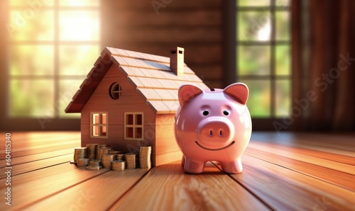 Piggy bank in the shape of a safe, coins and house, concept of economy and finance, bokeh background. Generative AI