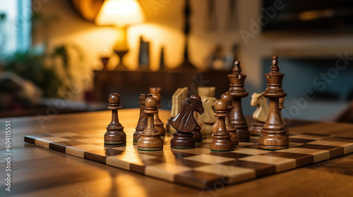 Chess pieces arranged on the chessboard in the living room. Generative Ai
