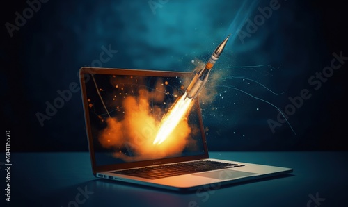 Rocket taking off from laptop screen, business and startup concept, blue background. Generative AI