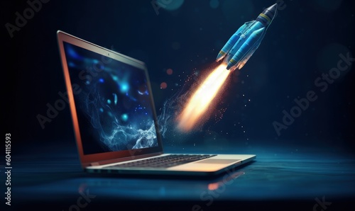 Rocket taking off from laptop screen, business and startup concept, blue background. Generative AI